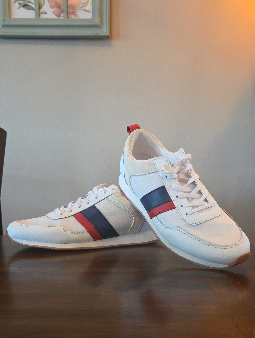 Unisex White Ralph Lauren Sneakers with Navy and Red Stripe